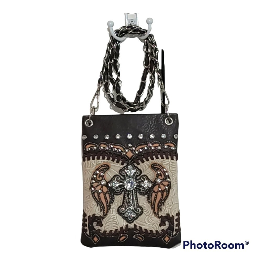 Cross and Wings jewel embellished crossbody messenger bag brown tan faux leather - Picture 2 of 14